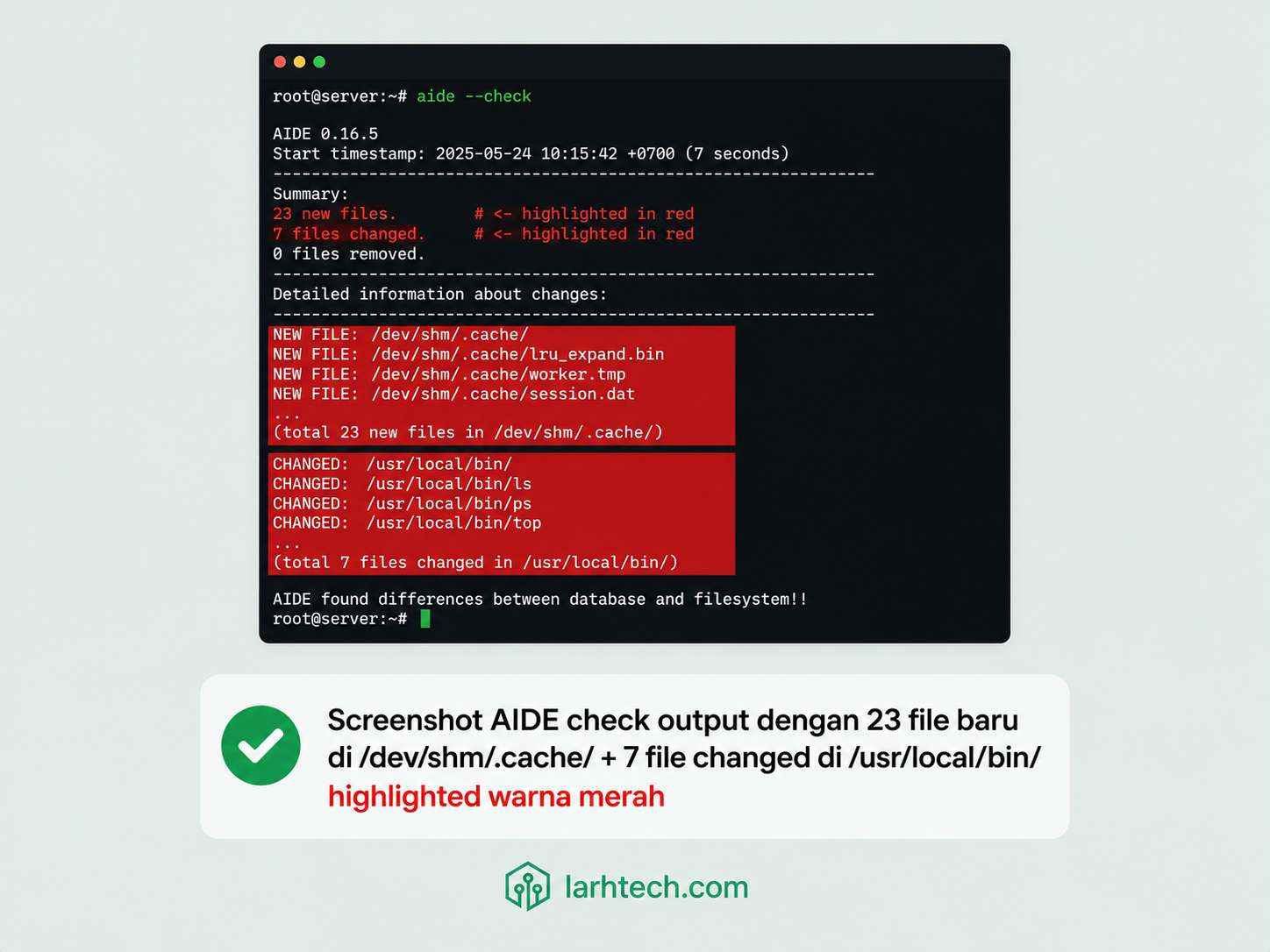 Screenshot AIDE check output dengan 23 file baru di devshm.cache