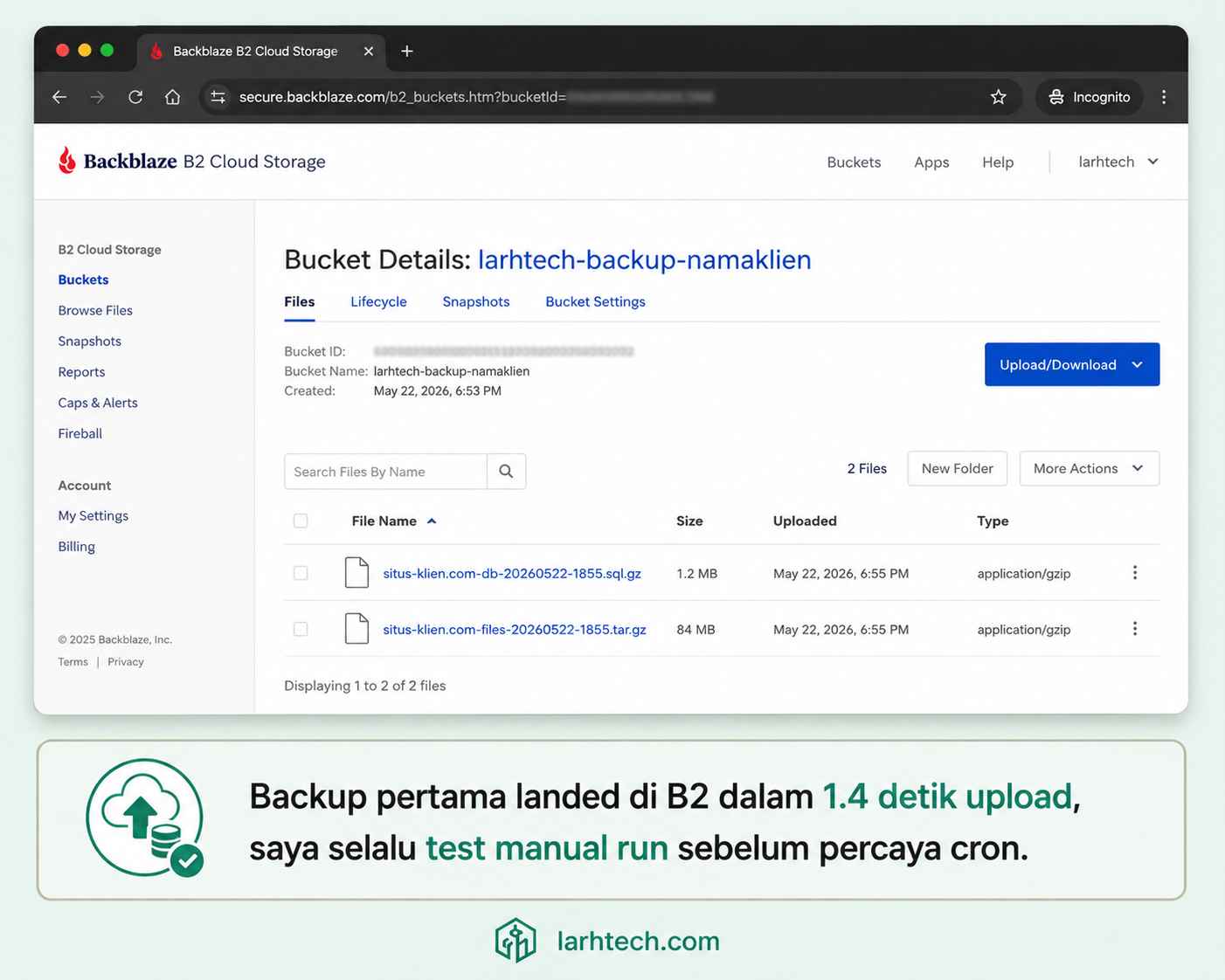 Screenshot Backblaze B2 dashboard yang menampilkan bucket larhtech-backup-namaklien dengan 2 file