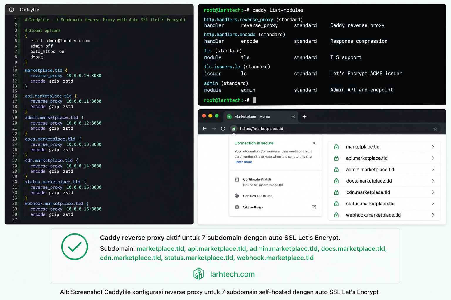 Screenshot Caddyfile syntax + output caddy list-modules + browser SSL padlock untuk 7 subdomain.