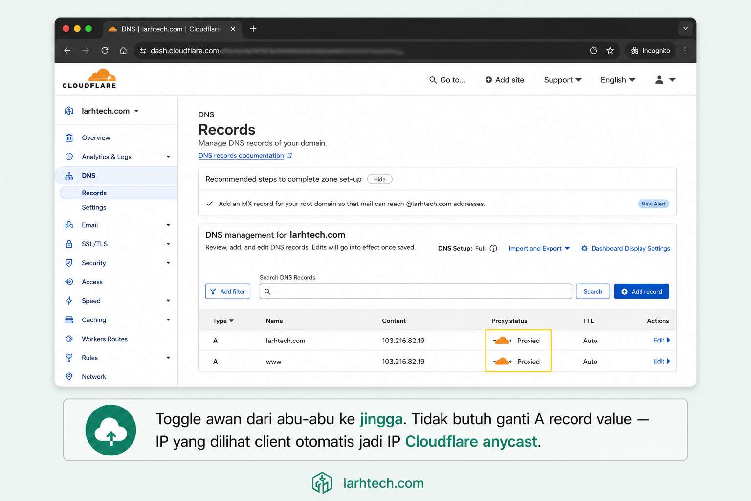 Screenshot Cloudflare DNS dashboard menampilkan dua A record (root dan www) dengan ikon awan jingga (Proxied)
