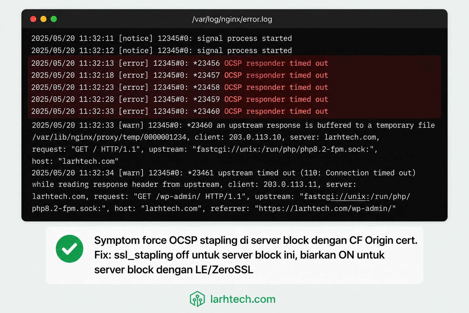 Screenshot Nginx error.log dengan 5 baris berurutan “OCSP responder timed out” di-highlight merah