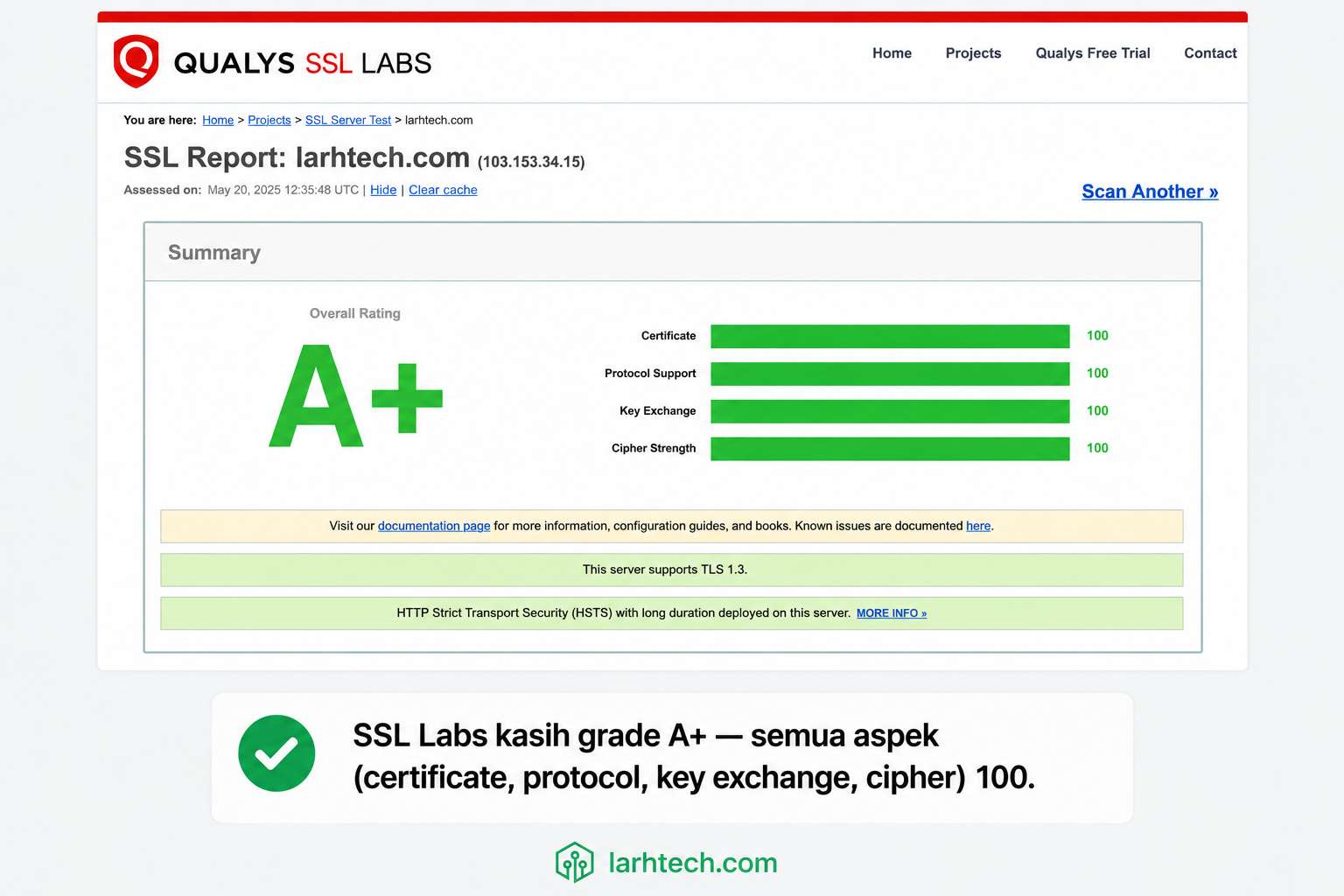 Screenshot SSL Labs test result halaman summary dengan grade A