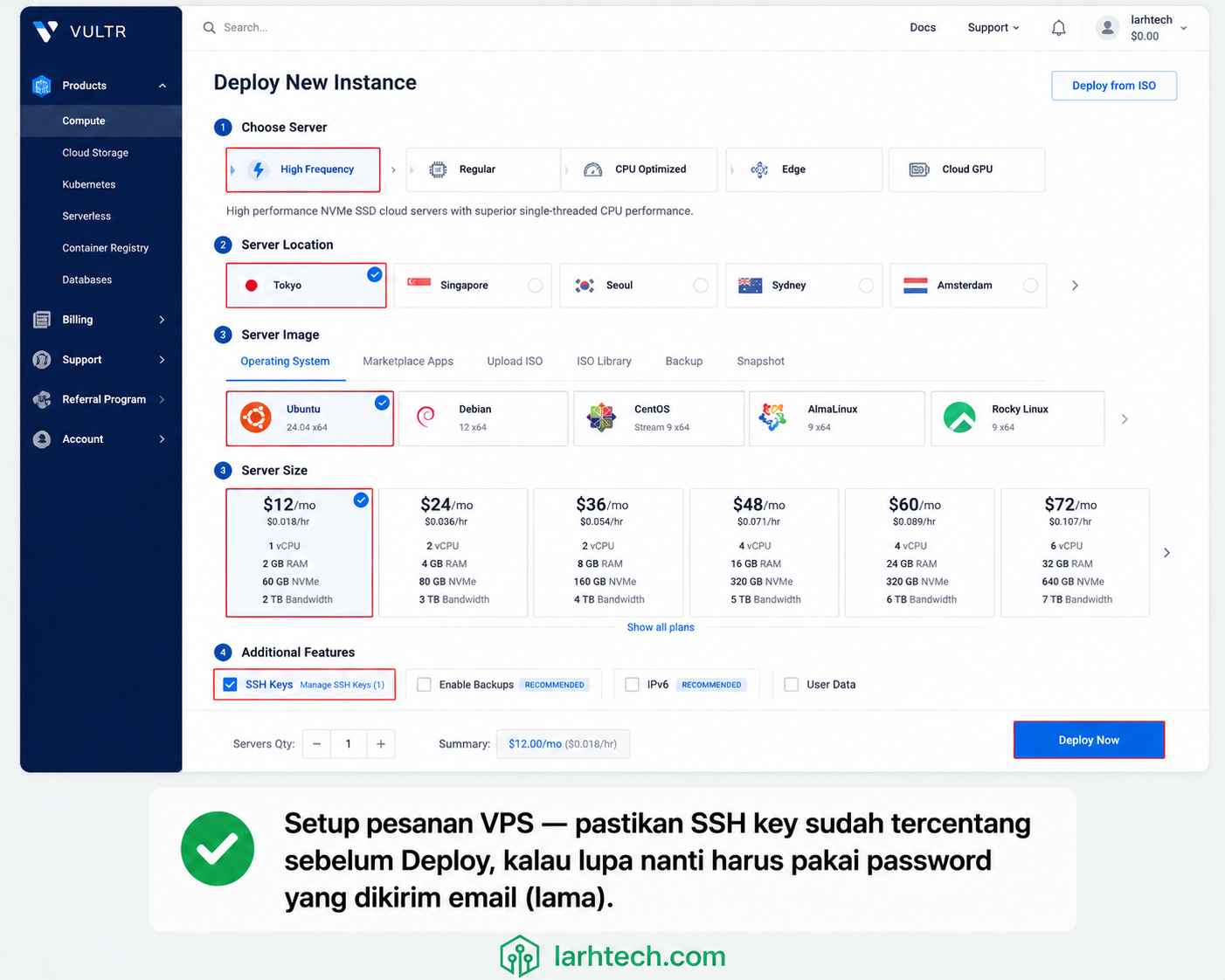 Setup pesanan VPS — pastikan SSH key sudah tercentang sebelum Deploy, kalau lupa nanti harus pakai password yang dikirim email (lama).