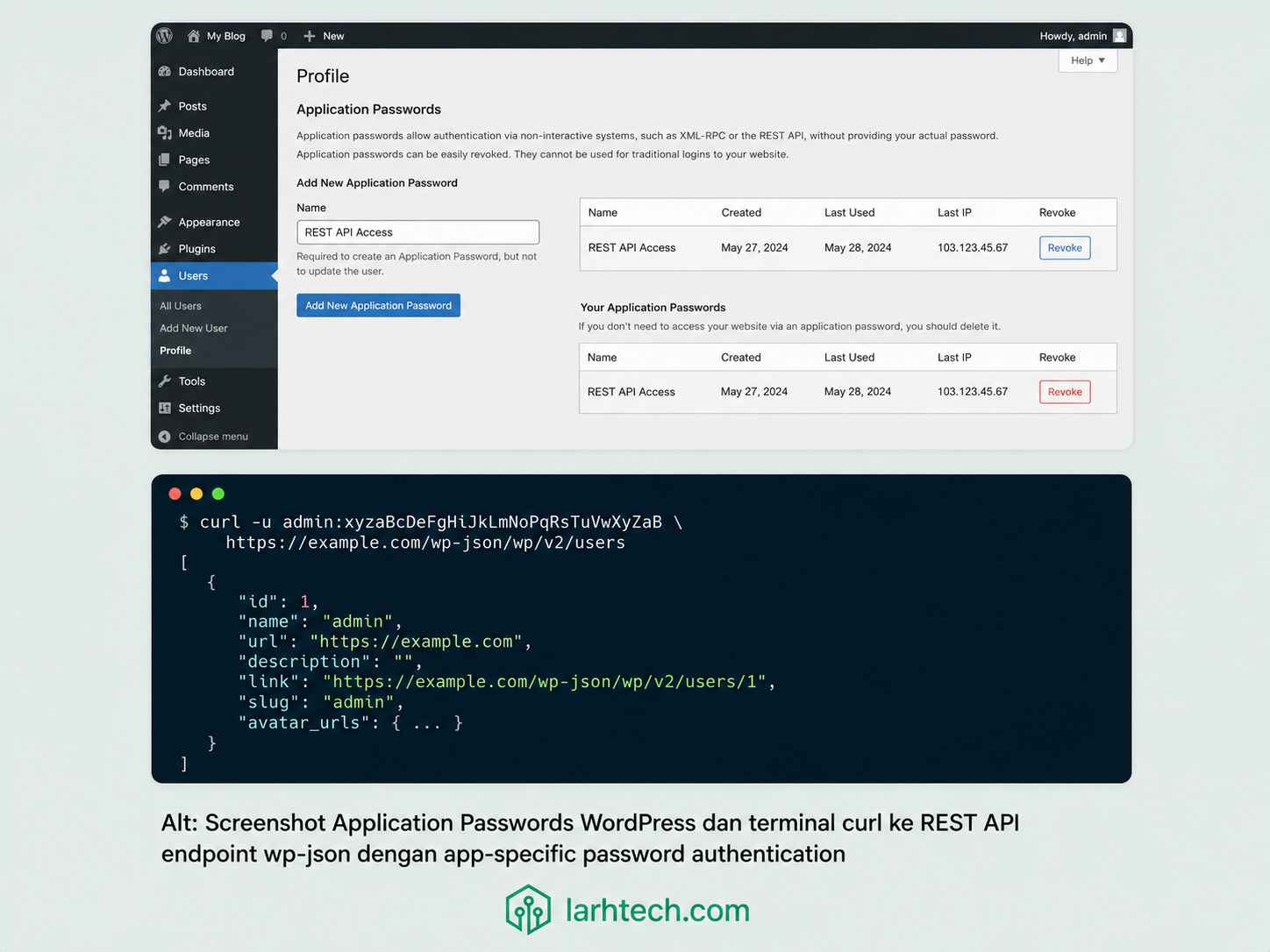 Screenshot WordPress profile Application Passwords screen + terminal curl request ke wp-jsonwpv2users dengan app password
