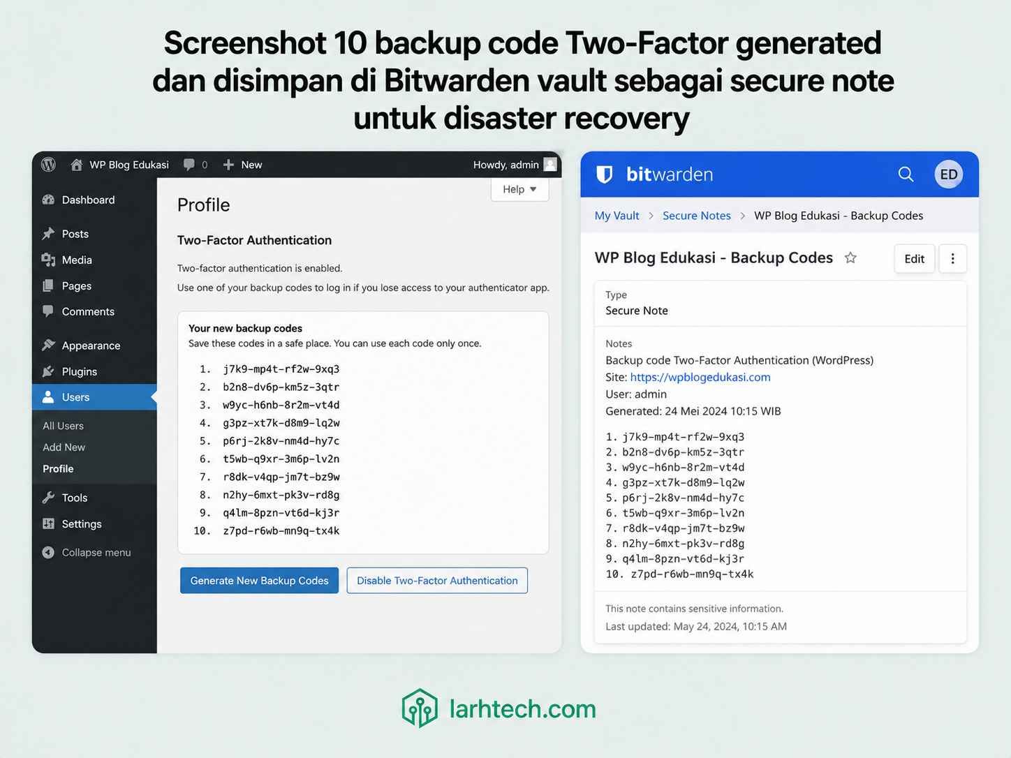 Screenshot WordPress profile dengan 10 backup code