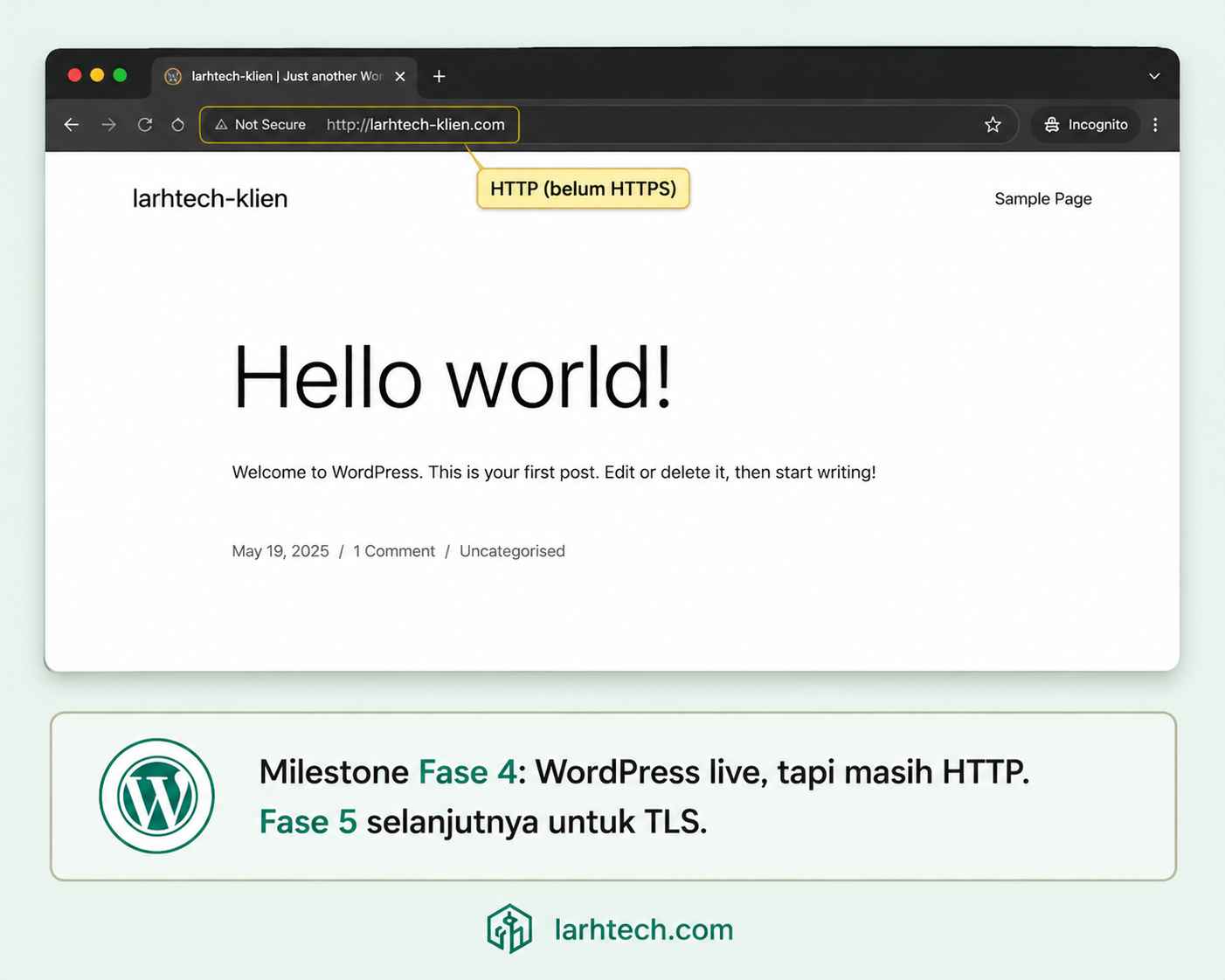 Screenshot browser dengan halaman default WordPress Hello world! di domain klien