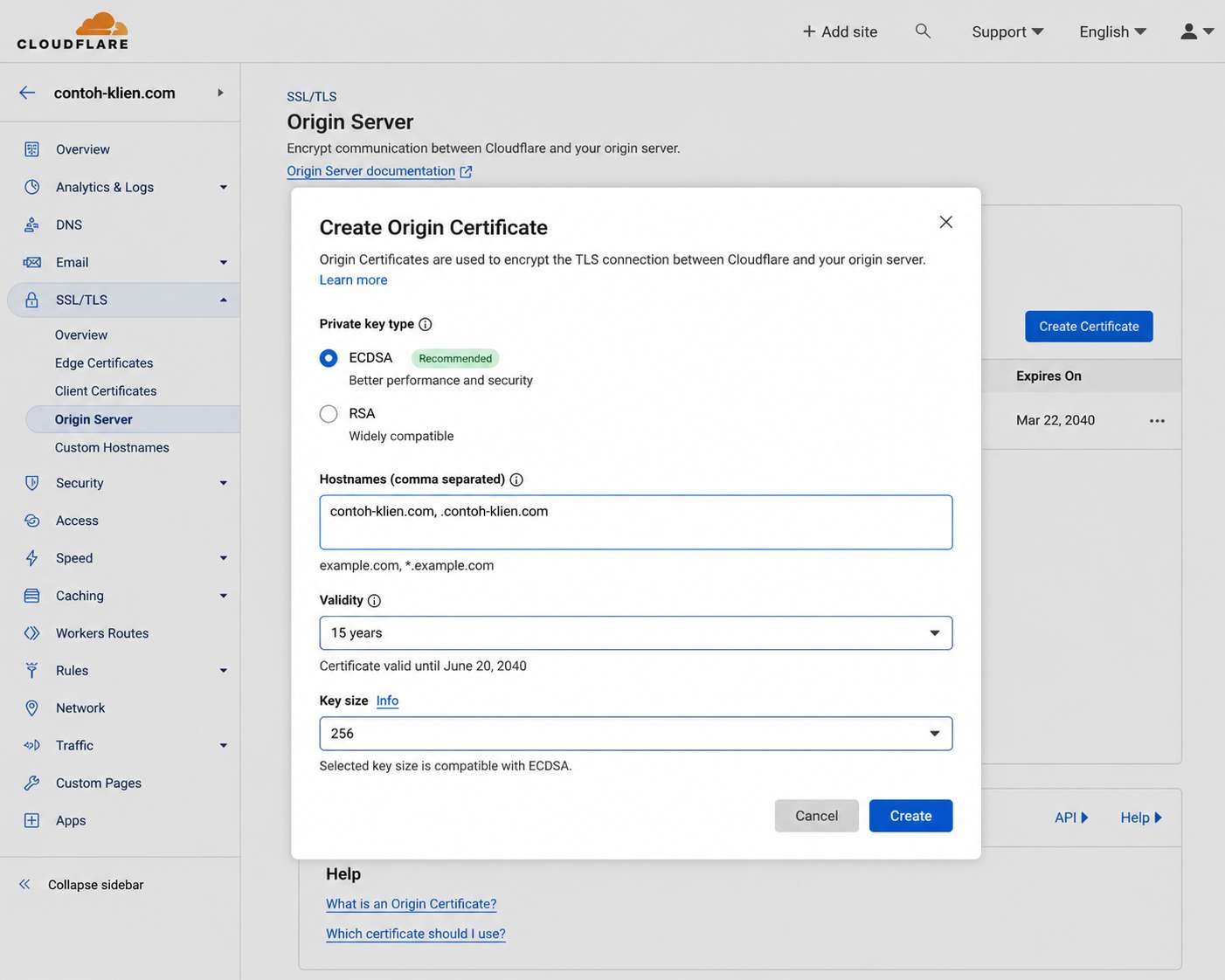 Screenshot dialog Create Origin Certificate di Cloudflare Dashboard dengan ECDSA