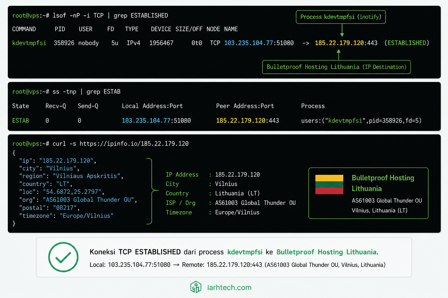 Screenshot output lsof + ss + ipinfo.io