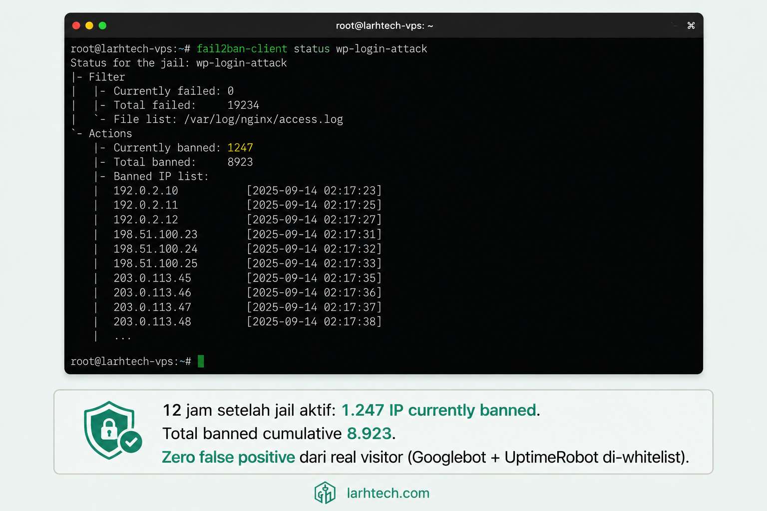 Screenshot terminal fail2ban-client status wp-login-attack