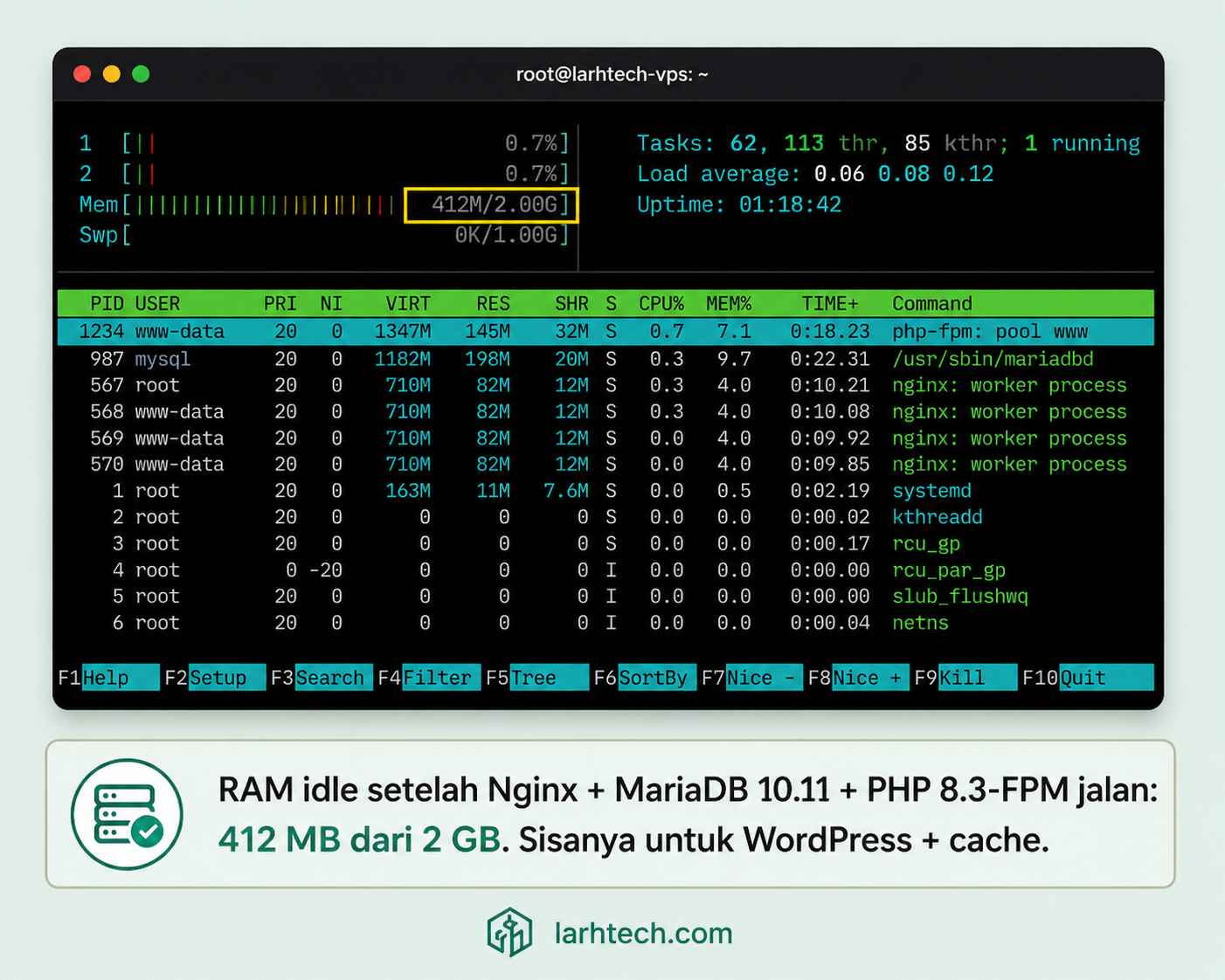 Screenshot terminal output htop setelah LEMP install selesai