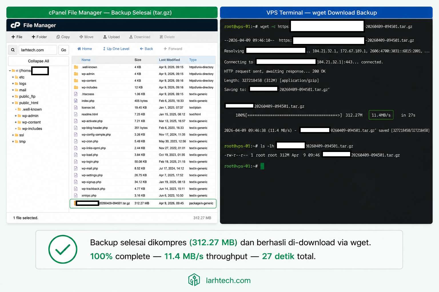 Screenshot terminal yang menjalankan wget di atas, menunjukkan progress bar 100%