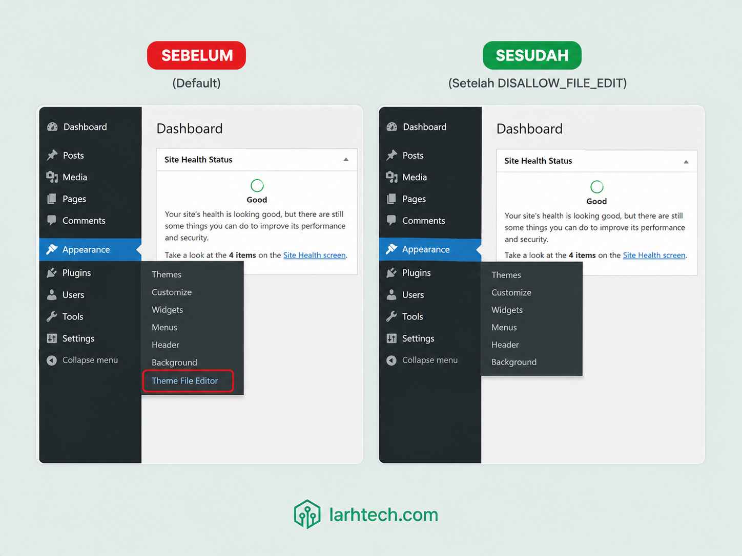 Screenshot WP Dashboard Appearance menu DENGAN Theme Editor submenu HILANG