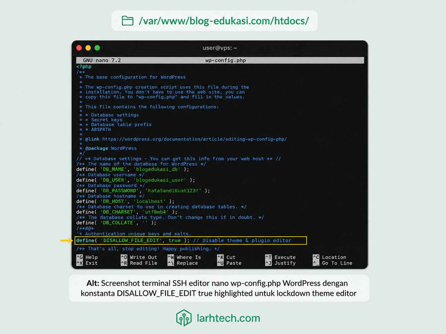 Screenshot nano editor wp-config php dengan baris define DISALLOW_FILE_EDIT highlighted + breadcrumb