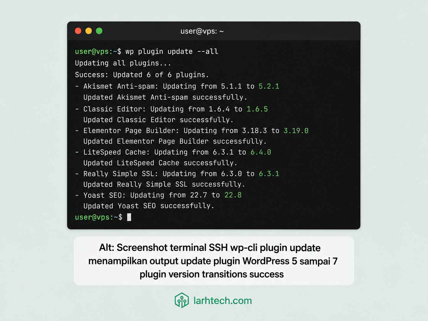 Screenshot terminal SSH dengan output wp plugin update --all menunjukkan 5-7 plugin updated dengan version transitions